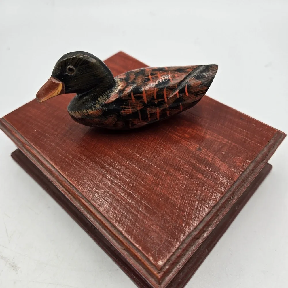 VTG Mallard Duck Wood Box‎ Trinket Holder & 2 Full Small Card Decks Decoy Decor